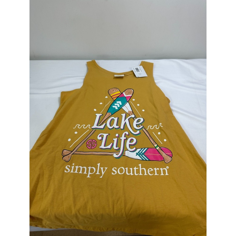 Simply Southern Women's Lake Life Graphic Tank Top Yellow Size Small NWT
